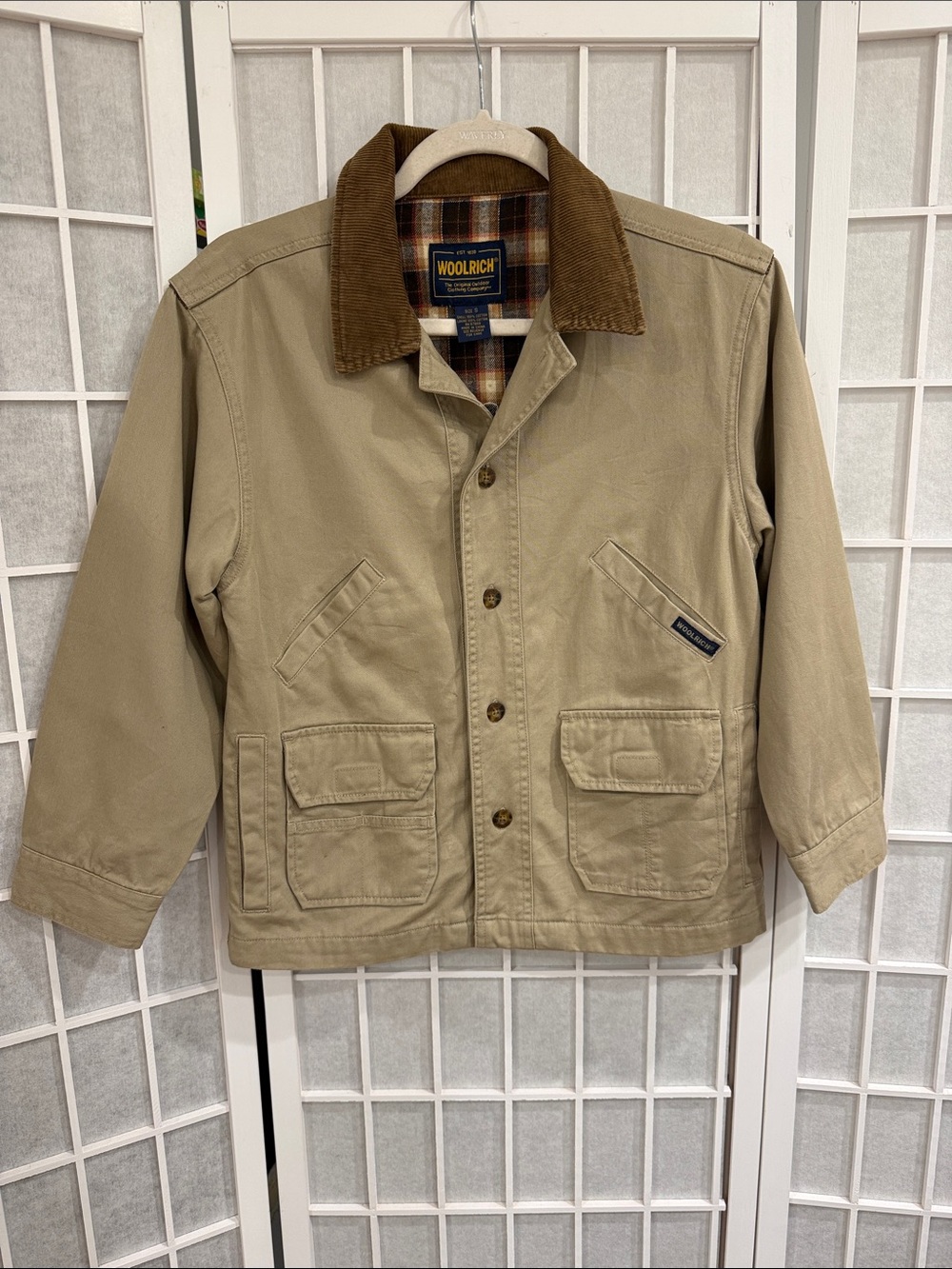 Woolrich Men’s Khaki Canvas Jacket with Corduroy Collar
